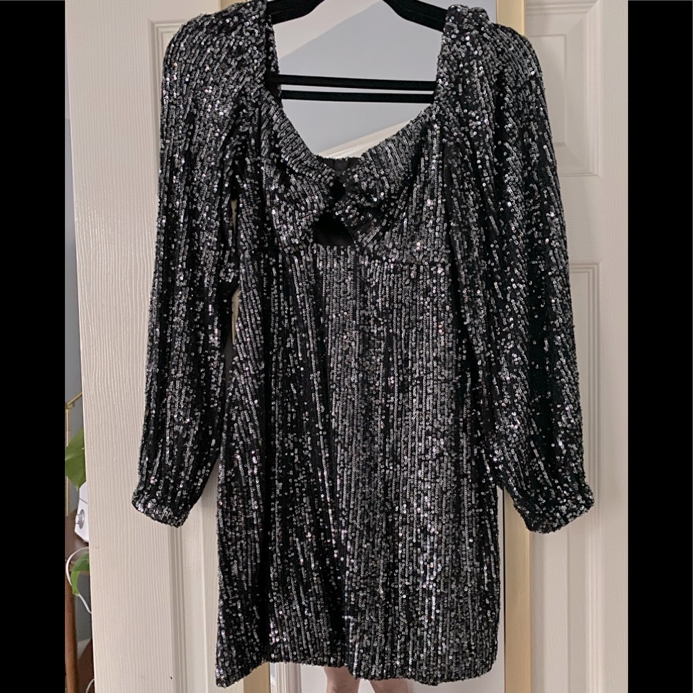 Black sequin long sleeve dress; NYE/Holidays party; w/ fun cut-out design